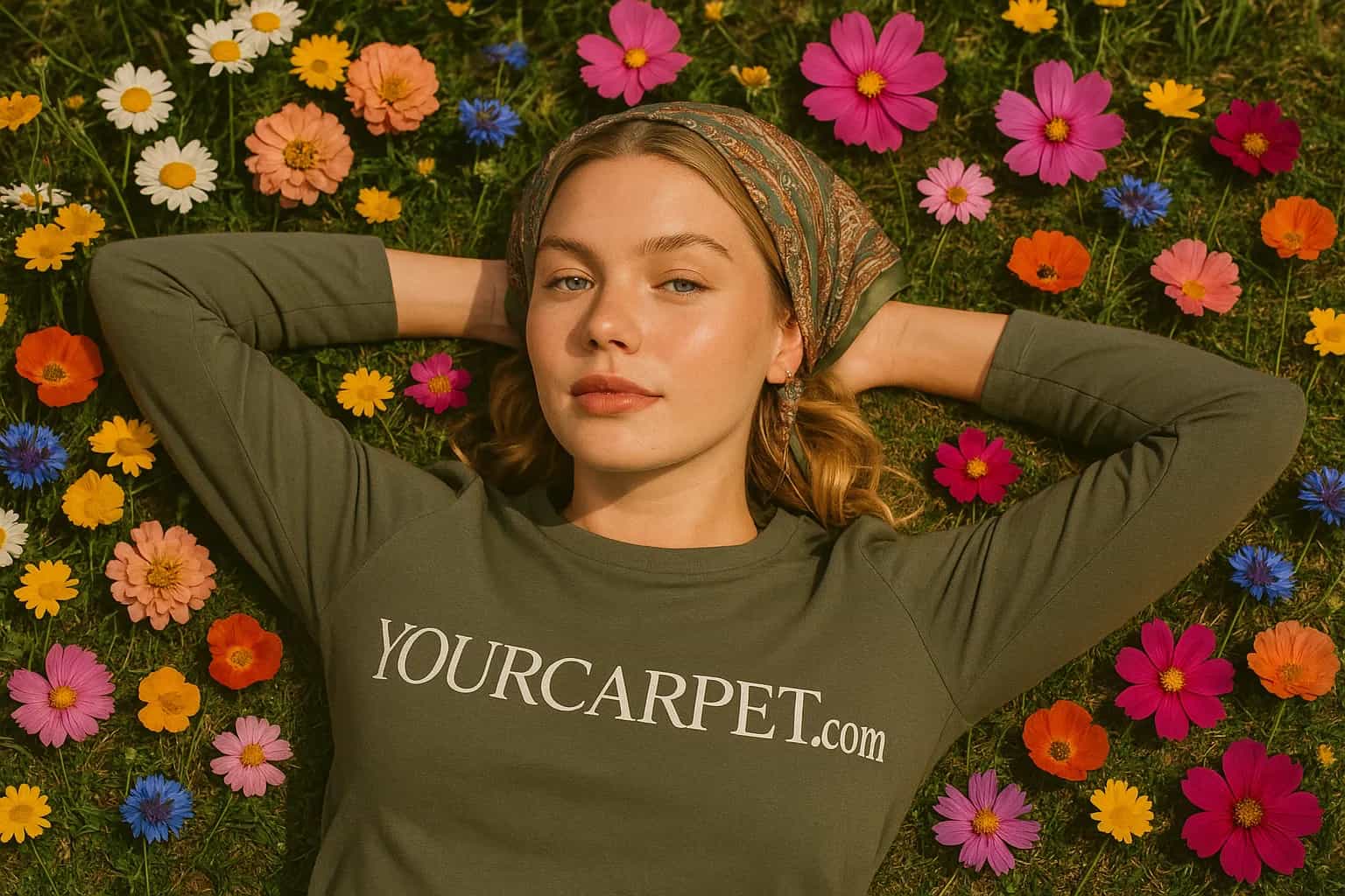 A vogue style candid film photo, 20 year old beautiful Swedish woman lays in the middle of artsy flowers, long sleeve summery silk top color #616C5C, which says YourCarpet.com in the style of the uploaded logo and logo in white, arms behind her head, detailed face likeness, most of her hair in a beautiful Kerchief, spring vibes