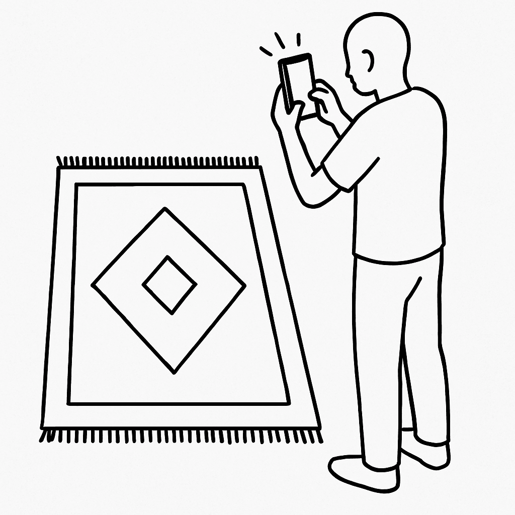 Instructions illustrées montrant une personne prenant une photo du tapis entier