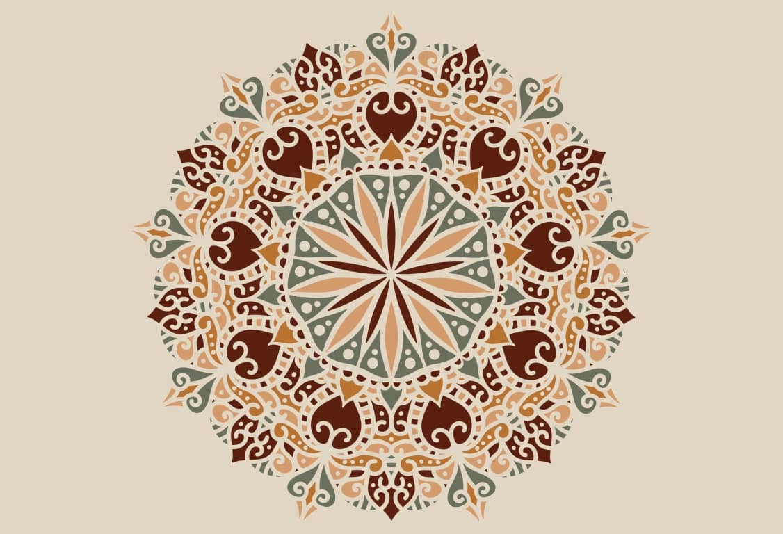 Emblème de YourCarpet.com. Un médaillon abstrait de tapis avec des rouges, des verts et des jaunes sur un fond beige