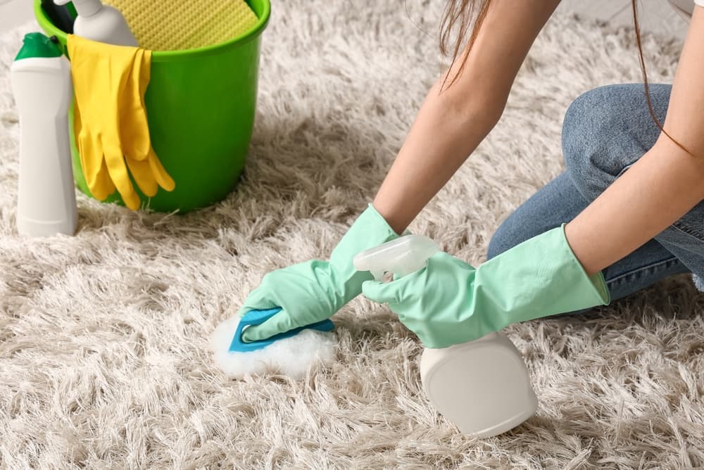 Person demonstrating blotting technique on an artificial carpet