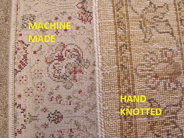 Comparison of handmade vs machine-made rug backings showing the differences