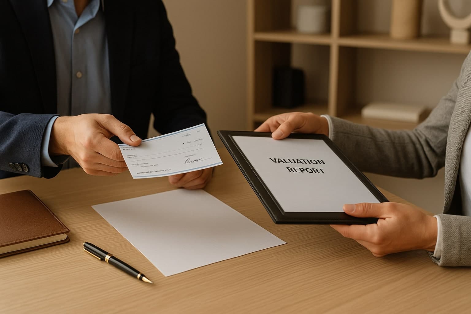 Two faceless professionals in a financial exchange, one handing cash or a check, the other returning a document across a clean desk in a neutral, office-like setting