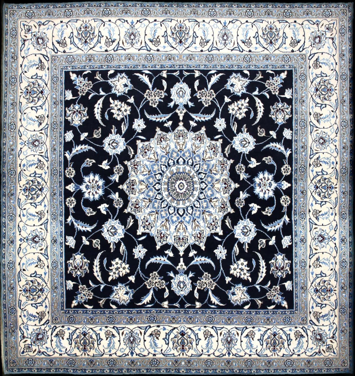 Persian rug of Nain style in dimensions 207 centimeters length by 200 centimeters width with mainly blue and white colors
